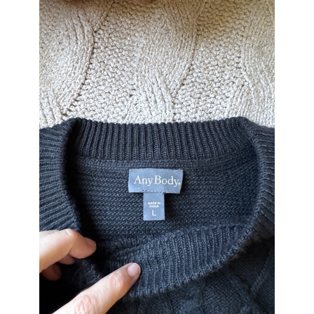 AnyBody Women Black Mixed Cable Knit Crew Neck Sweater Size Large Pullover - Picture 2 of 4